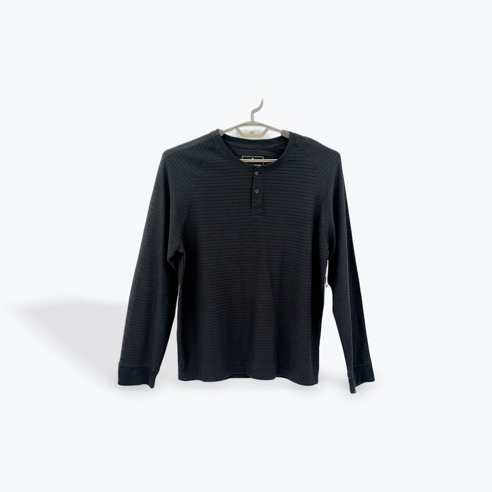 Mutual Weave Mens Long Sleeve‎ Button Henley Shirt Black Ribbed Texture L